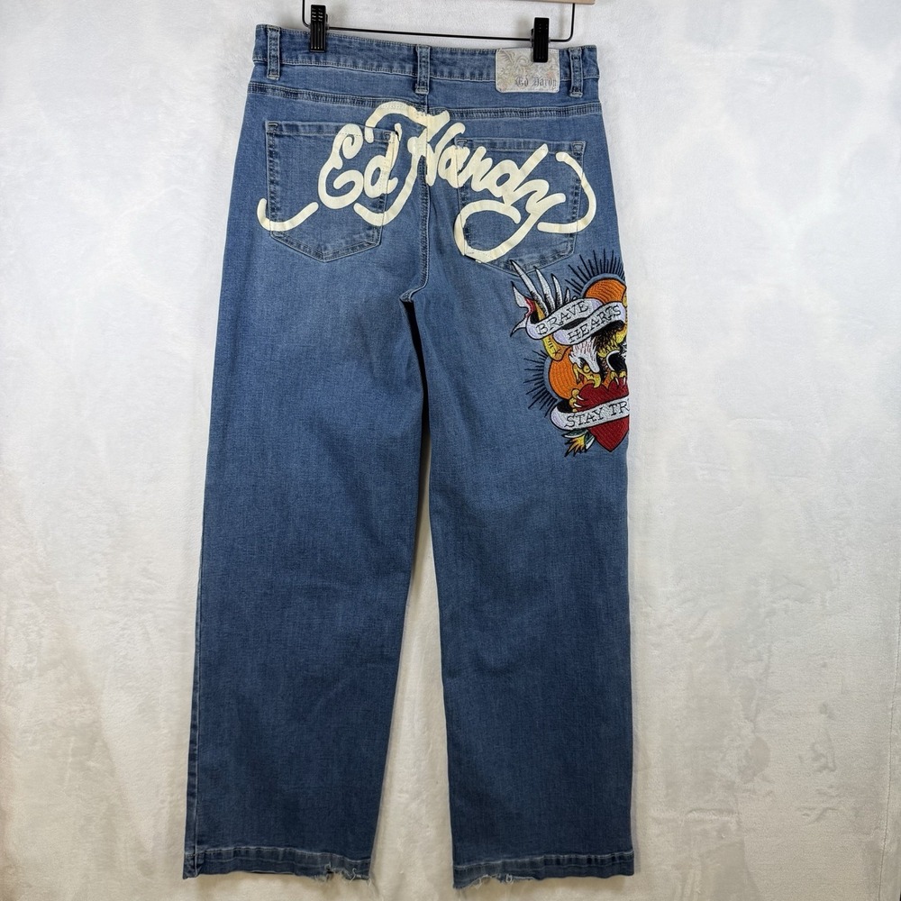 Vintage Women's Size 30 Ed Hardy Brave Hearts Eagle Wide Leg Jean